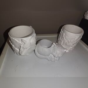 Lot Of Plaster Planters Set For DIY Painting Wolf, Cat & Deer In Forest